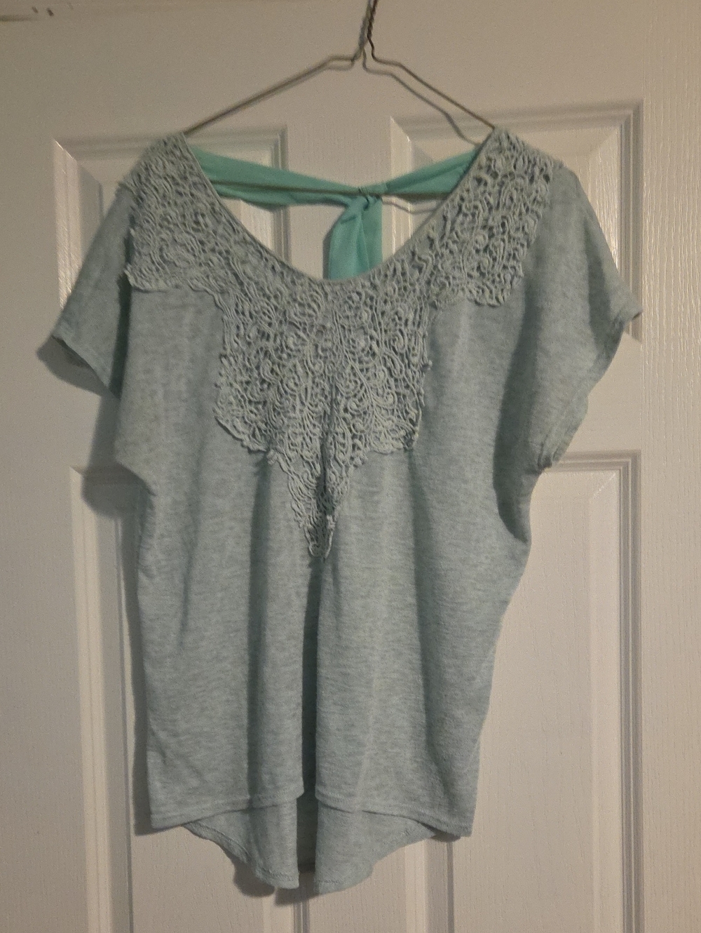 Maurices Light Mint Lace Yoke Short Sleeve Tie-Back Top